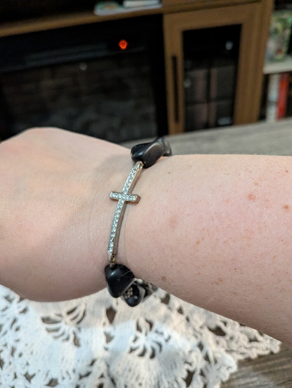 Cross Stretch Bracelet in Black and Silver